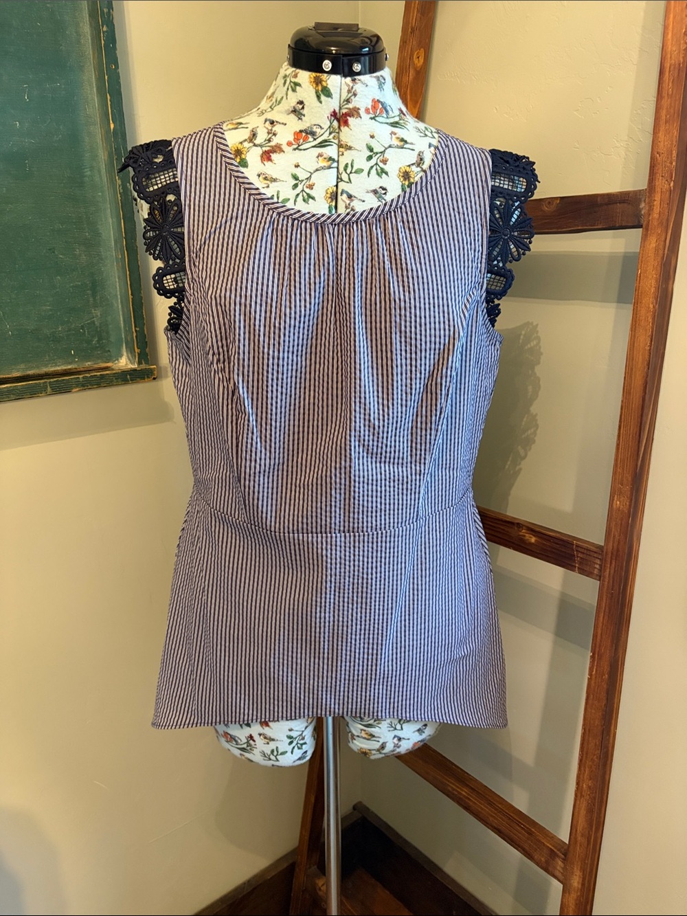 CAbi Navy and White Pinstripe Tank with Crochet Cap Sleeves